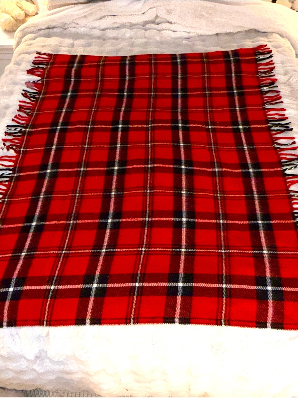 Vintage Red Faribo Plaid Throw Blanket 40"x51" Acrylic With Fringe